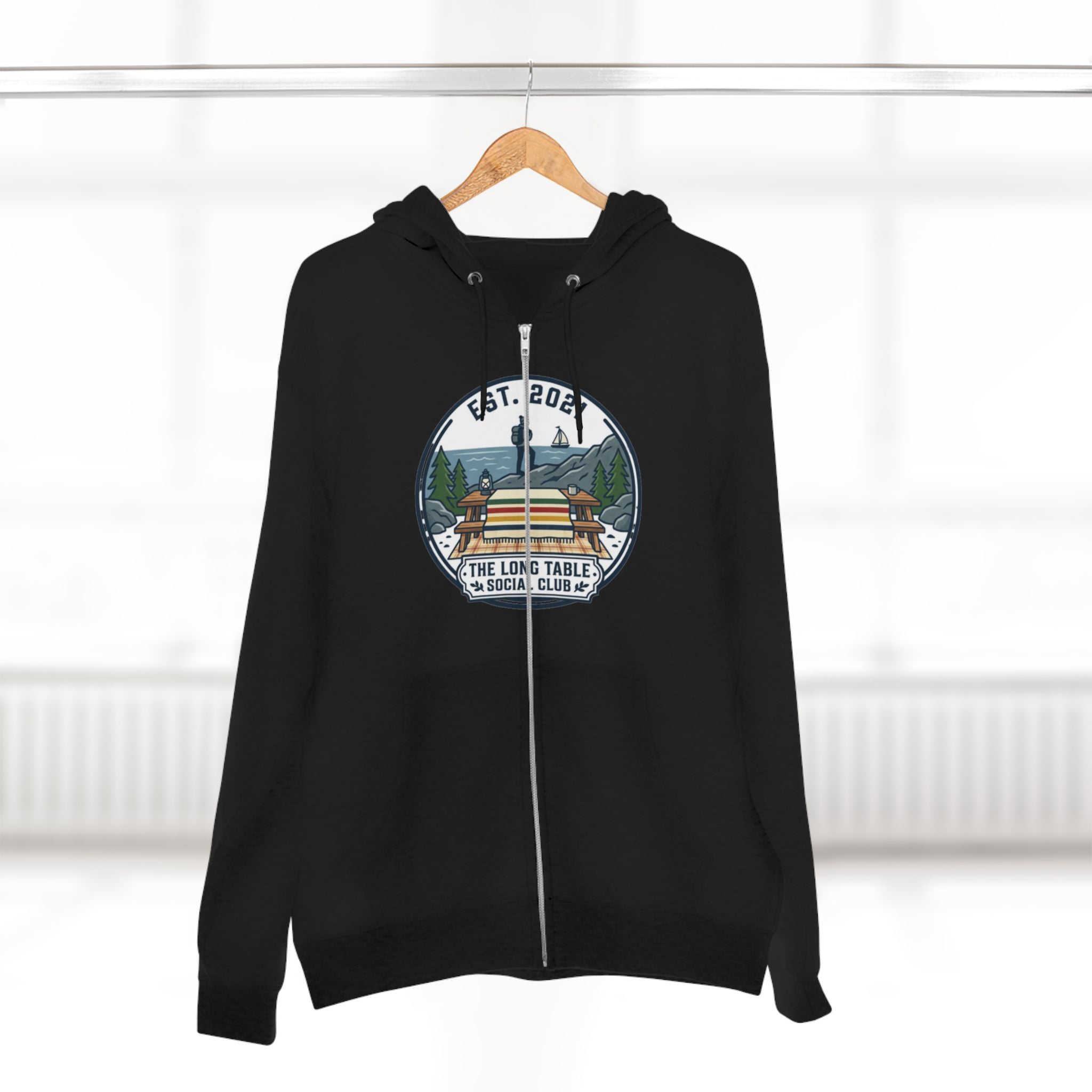 Adventure Camp Zip Hoodie — Seaside Cabin Graphic